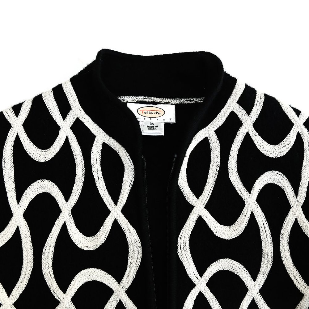 TALBOTS Black Zip Up Sweater Jacket with White Sartouche Braid - Size PM - Picture 12 of 14